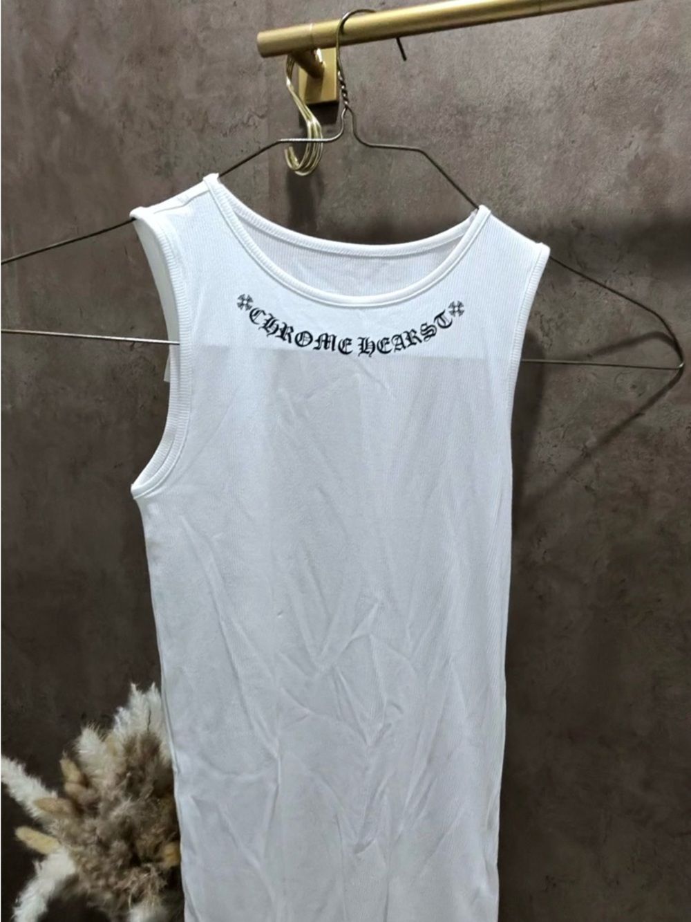 Chrome Hearts White Ribbed Tank with Black Gothic Logo